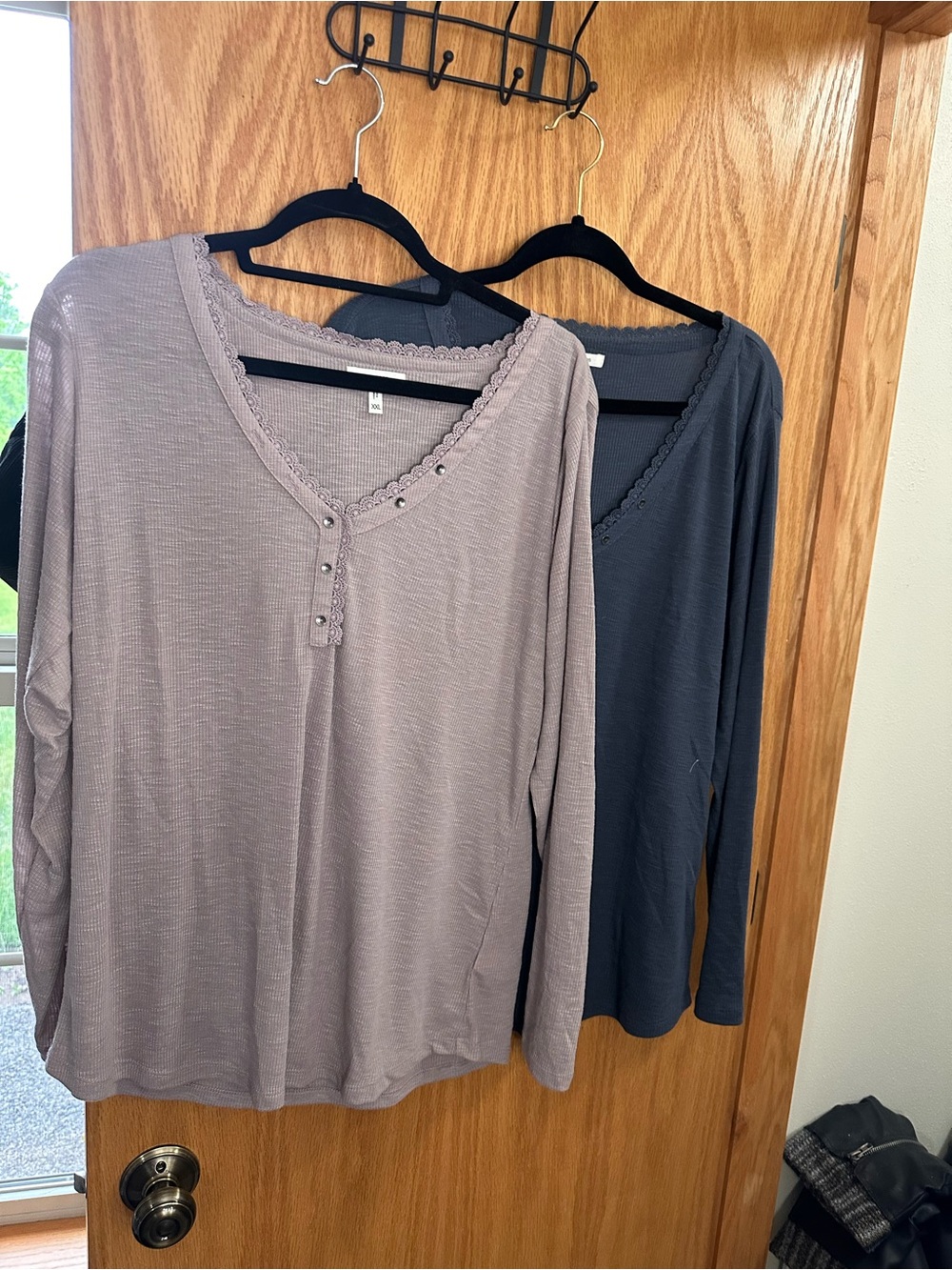 Maurices Lace-Trim Henley Long Sleeve Top - Taupe & Blue